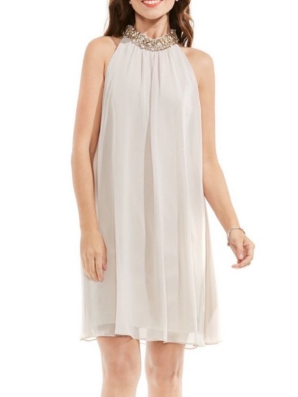 Vince Camuto Beaded Halter Mini Dress in Light Beige